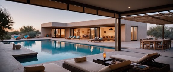 Fototapeta premium Modern villa with pool and lounge area, ideal for relaxation and luxury lifestyle during vacations