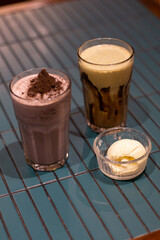 Cold drinks on the table with blurred background