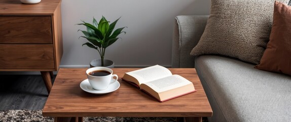 Cozy living room scene featuring coffee, a book, and a plant on a wooden table, ideal for relaxation and reading