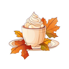 Vector illustration of hot coffee with whipped cream. Composition with autumn leaves. Warm fall, cozy home concept. 