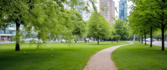 Fototapeta premium Lush trees line a tranquil pathway, set in an urban park, conveying serenity and natural beauty amidst city life