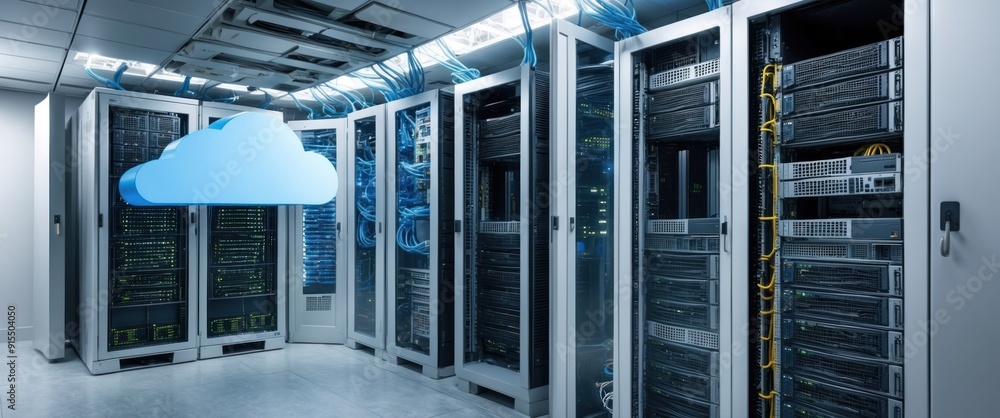 Poster high tech server room showcasing cloud technology and data storage systems, ideal for digital infras