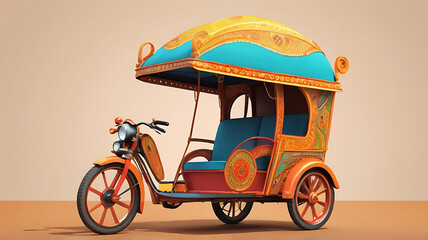 A 3D cute cartoon style Indian rickshaw with exaggerated wheels and bright, cheerful colors, set against a simple background