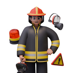 Realistic fireman in uniform and protective helmet, front view