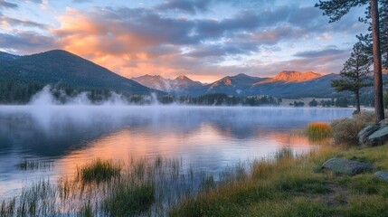 Fototapeta premium Vallecito Lake at sunrise, with mist rolling over the water and mountains in the background