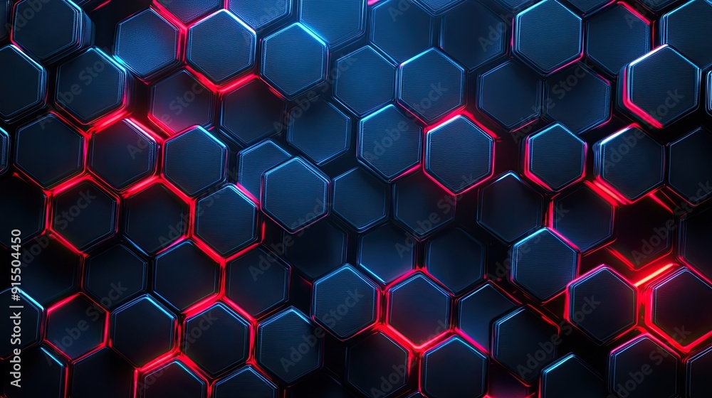 Poster hexagonal honeycomb pattern in red and blue, featured on a dark background for a sleek digital look.