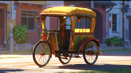 A 3D cute cartoon style Indian rickshaw with exaggerated wheels and bright, cheerful colors, set against a simple background