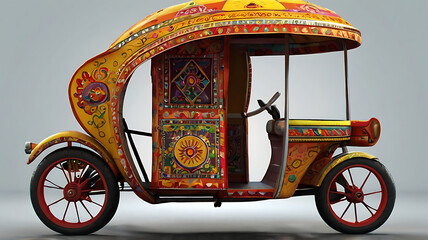 Naklejka premium A 3D cute cartoon style Indian rickshaw with exaggerated wheels and bright, cheerful colors, set against a simple background