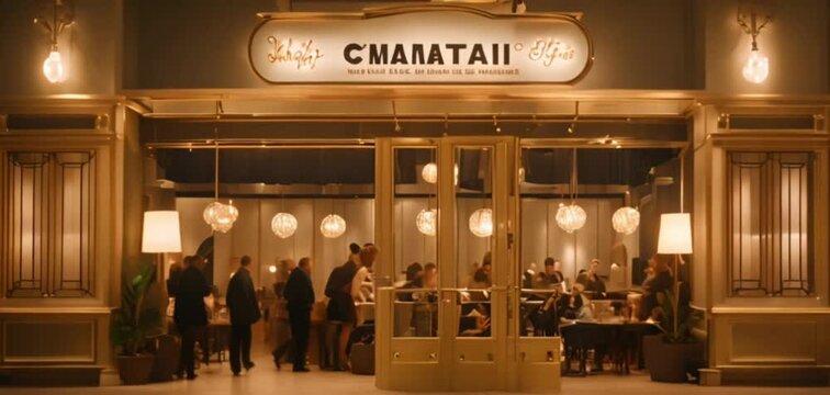 Entrance with Live Music: Walk through the entrance and immediately focus on a live jazz band or pianist playing in the corner, setting the mood with soothing music.