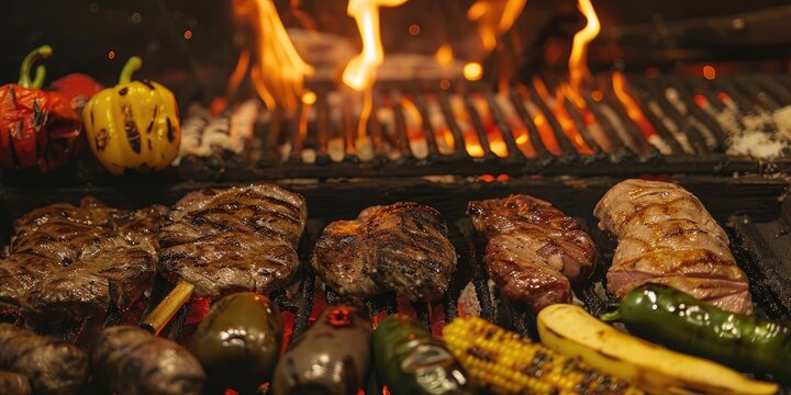 Assorted meats peppers corn eggplant and banana grilling over a traditional Uruguayan parrilla with firewood and flames in a restaurant kitchen