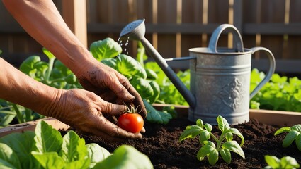 A person is planting a small tomato plant in a garden bed.