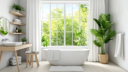 This modern bathroom features a white bathtub, wooden flooring, and vibrant greenery visible through the large window