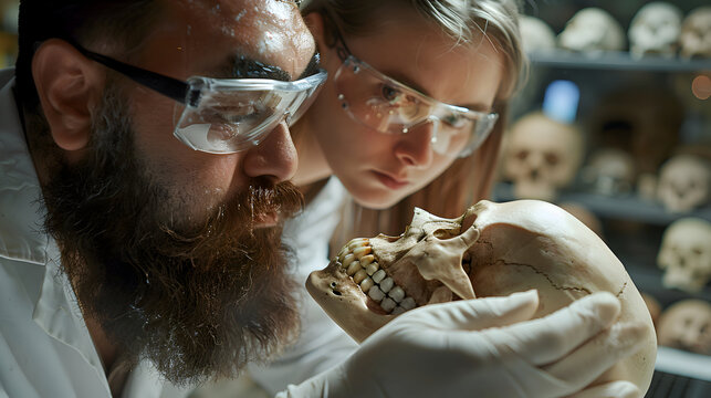 Generate a picture of an anthropologist in a laboratory, using anthropometry to study human physical variation and its implications for understanding human origins
