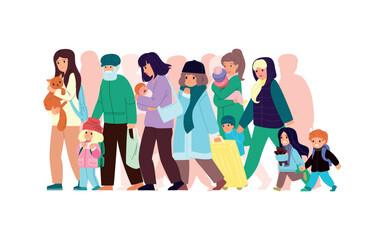 Fototapeta premium A large crowd of people migrates with their belongings and animals due to a disaster or war