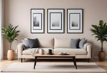A modern living room with a beige sofa, a black and white blank frame on the walls, and a wooden coffee table with decorative objects