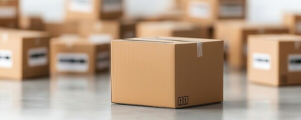 Cardboard boxes with labels in various languages, representing an international move, focus on global relocation