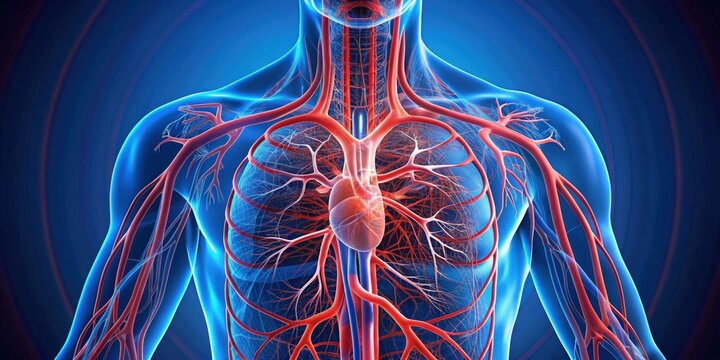Detailed of human cardiovascular system with heart, arteries, veins, and capillaries, anatomy, biology, medical, health