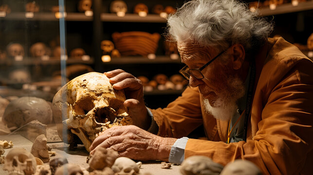 Generate a picture of an anthropologist analyzing ancient artifacts in a laboratory, using advanced tools to study human origins and the evolution of societies