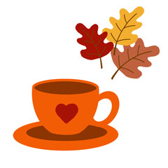 A cozy orange cup with a heart sits on a plate alongside colorful autumn leaves in a simple design