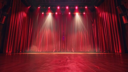 An empty stage with red velvet curtains illuminated by spotlights, creating a dramatic and theatrical ambiance.