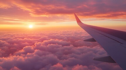 Fototapeta premium Airplane wing above clouds, golden hour sunset, panoramic view, sea of clouds, vibrant orange and pink sky, aerial photography, high altitude perspective.