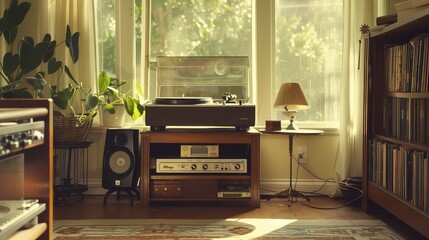A vintage record player and stereo system set up in a sunlit room, with a bookcase filled with records in the background.