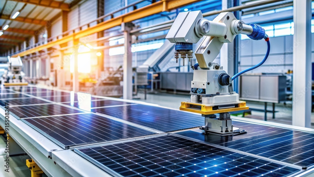 Aufkleber Side view of precision robotic calibration of solar cells in factory setting