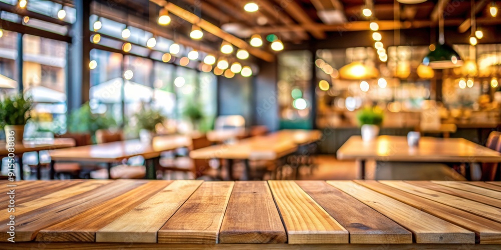 Aufkleber empty wooden table in cafe setting with blurred background, perfect for mockups and food photography