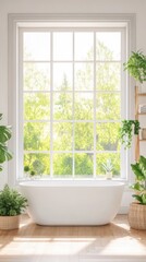 This modern bathroom features a white bathtub, wooden flooring, and vibrant greenery visible through the large window