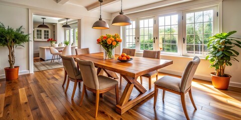 Elegant dining area features a rustic wood table and chairs on warm wood flooring, surrounded by crisp white walls and accented with a vibrant orange vase.