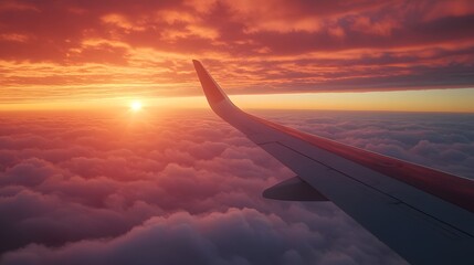 Airplane wing above clouds, golden hour sunset, panoramic view, sea of clouds, vibrant orange and pink sky, aerial photography, high altitude perspective.