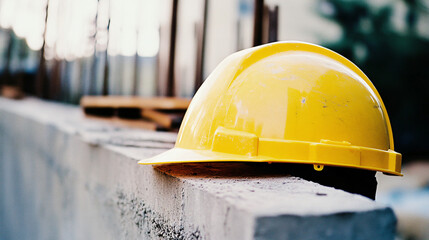 close-up of yellow hardhat helmet at construction site, safety first