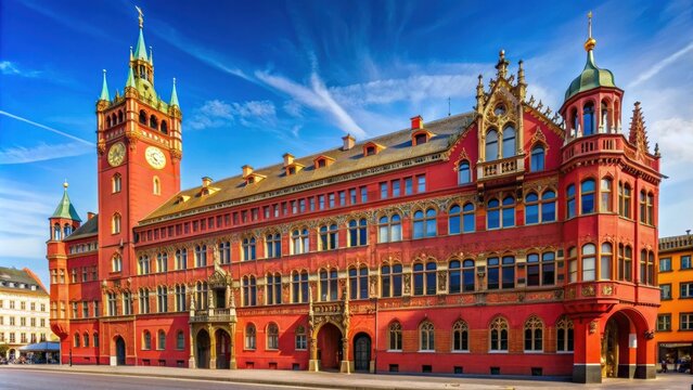 Basel old town hall with a red facade standing out against a bright blue sky backdrop, Basel, old, rathouse, town hall