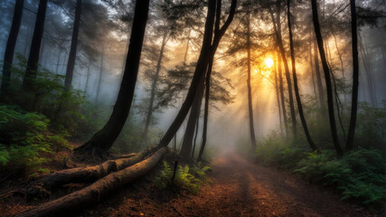 Obraz premium Mystical forest with misty paths and afternoon sunlight penetrating through the gaps in the trees