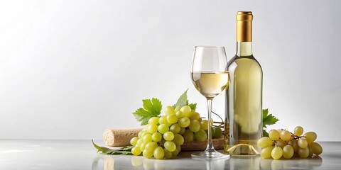 Fototapeta premium Elegant still life of unopened white wine bottle with blank label, surrounded by wineglass, grapes, corkscrew, and cork on crisp white background, conveying luxury and sophistication.
