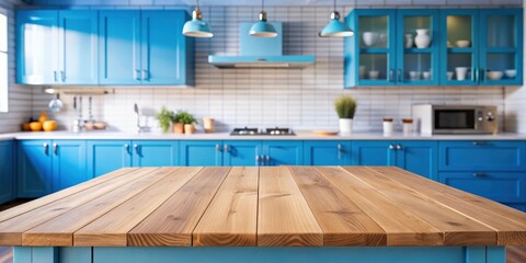 Empty blue wooden table in a stylish modern kitchen setting, table, blue, wooden, empty, kitchen, background, blurred