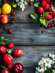  spring background fruit flowers on wooden table