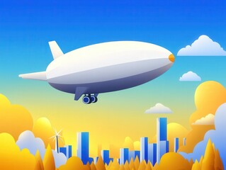 A colorful airship gliding over a vibrant cityscape at sunset