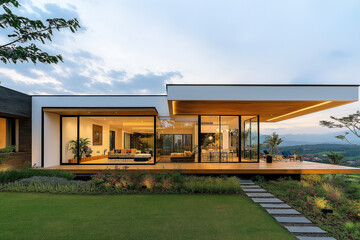 Modern one-story house with open space, white walls and wooden roof, surrounded by a green grass lawn, a wide entrance area in front of the door, a modern garden design with flower beds,