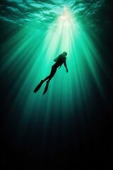 Diver exploring the deep blue in a sunlit underwater world at midday