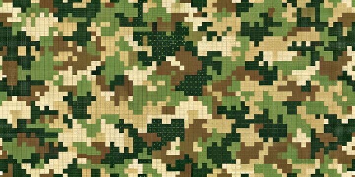 High-tech digital camouflage fabric design with pixelated squares in shades of green and brown, ideal for modern military uniforms and army gear.