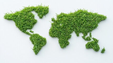 A world map is creatively formed using grass against a clean white backdrop, highlighting the fusion of nature and cartography in a modern aesthetic