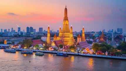 Naklejka premium Wat Arun Temple at sunset landmark of Bangkok, Thailand