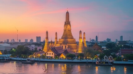Naklejka premium Wat Arun Temple at sunset landmark of Bangkok, Thailand