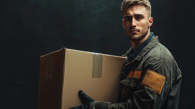 A delivery personnel holds a cardboard box, showcasing professionalism and readiness in a dimly lit environment.