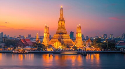 Naklejka premium Wat Arun Temple at sunset landmark of Bangkok, Thailand