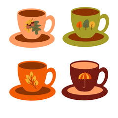 Colorful seasonal cups on saucers featuring different nature designs during autumn