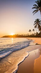 A beautiful sunset beach scene, with palm trees and the ocean.