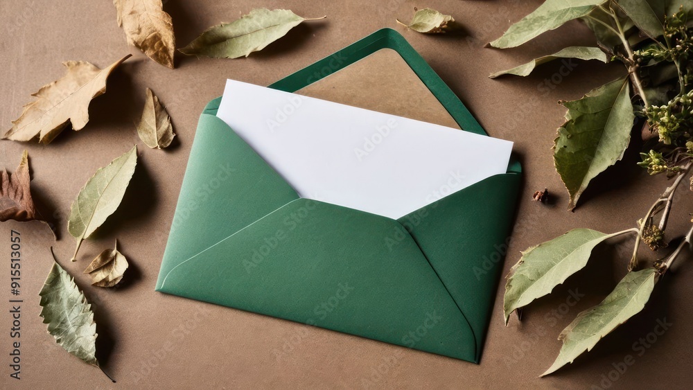 Wall mural a green and gold greeting card with a brown envelope on top, surrounded by leaves in the background.