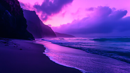 Aesthetic purple Beach at night, fantasy nature beach with a purple sunset